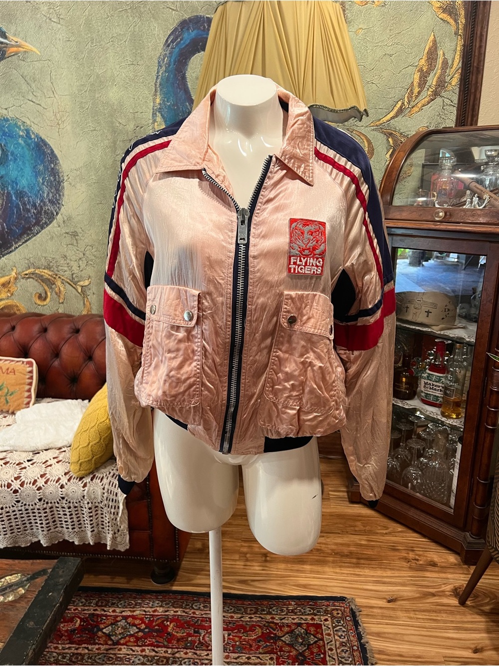 Women's Pink Satin Stripe-Trim “Flying Tigers” Bomber Jacket - Picture 3 of 13